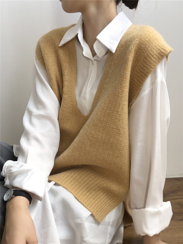 Fashion Elegant Solid Color Sleeveless V-Neck Retro Sweater Vests