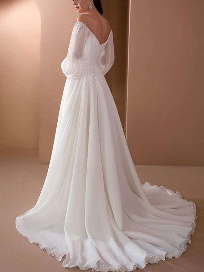 Fashion Long Sleeved Off The Shoulder White Floor Length Evening Dresses