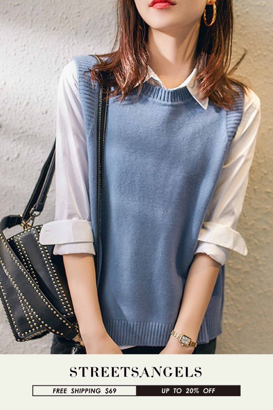 Women's Round Neck Fashion Versatile Solid Color Warm Casual  Sweater Vests
