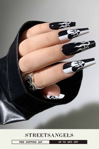 Fashion Sweet and Cool Style Wearing Black and White Flame  Nails