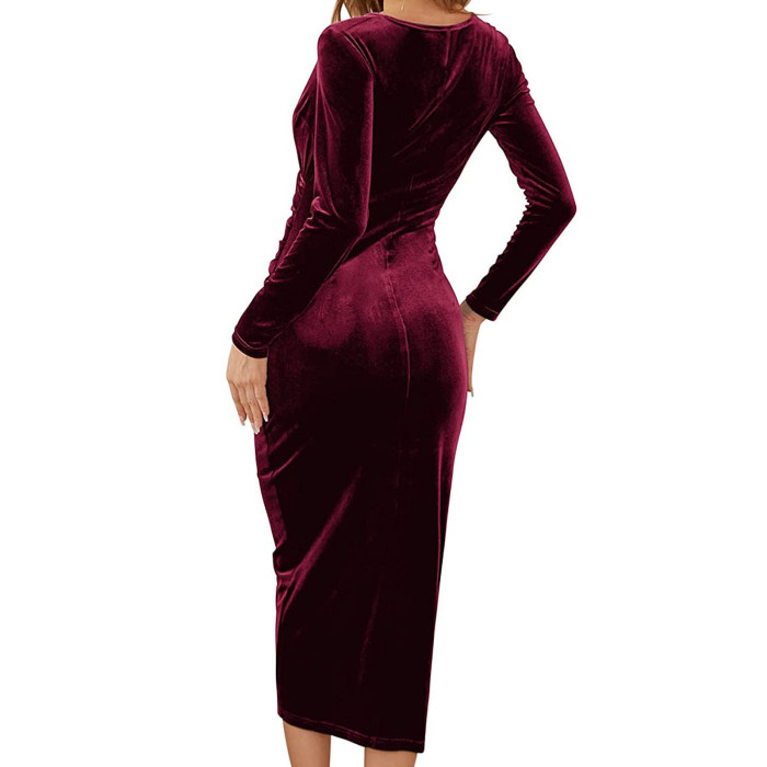 Solid Color Long Sleeve V Neck Ruched Elegant Sexy Irregular Midi Dress