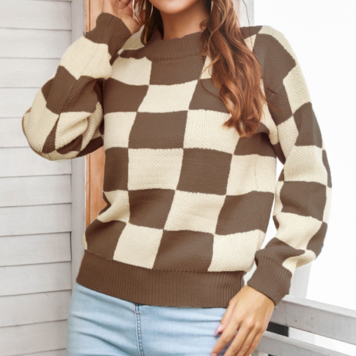 Woman Thick Line Knitted Pullovers Design Sense Loose Plaid Sweaters