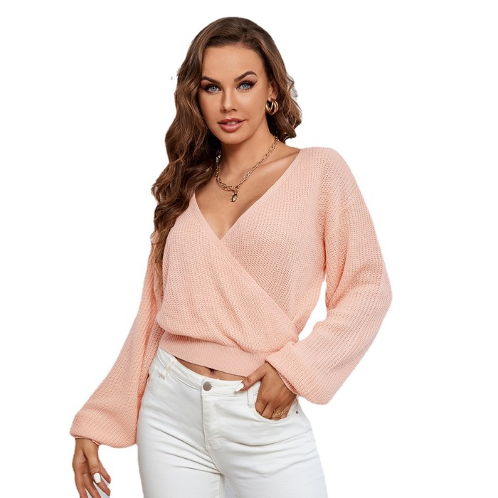 Women's Fashion Sexy V-Neck Loose Casual Solid Color Long Sleeves Sweaters