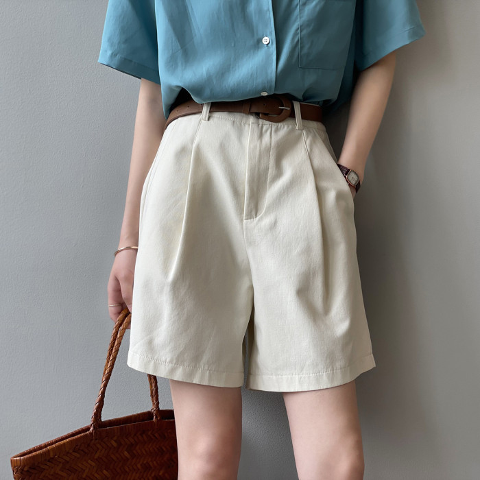 High Waist Loose Solid Color Straight Wide Leg Casual Shorts