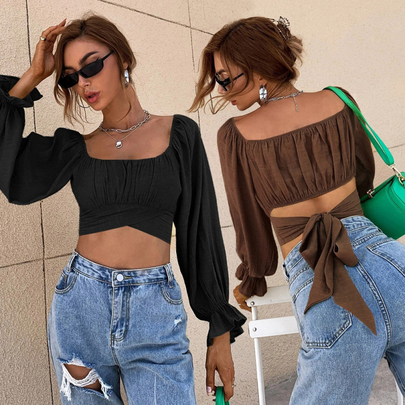 Fashion Retro Top Sexy Long Sleeve Casual Backless Bandage Blouses