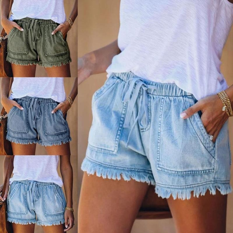 Fashion Elastic Waist Drawstring Casual High Waist Sexy Denim Shorts