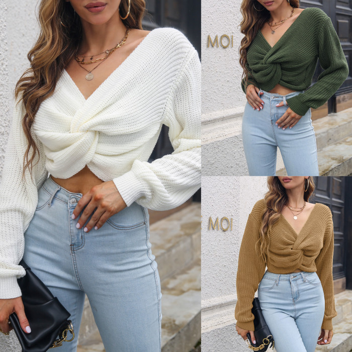 Women Short Navel Solid Color V Neck Sweaters
