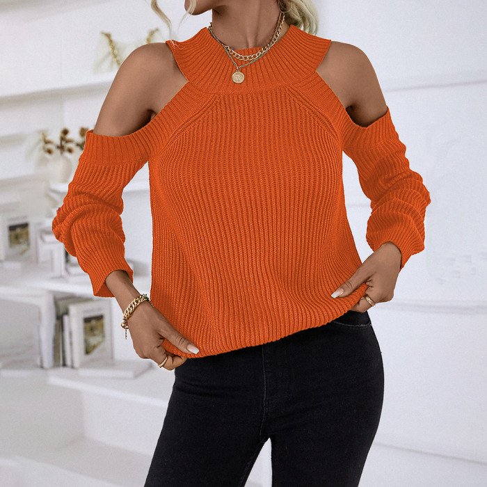 Women's Sexy One Shoulder Round Collar Loose Casual Solid Color Sweater