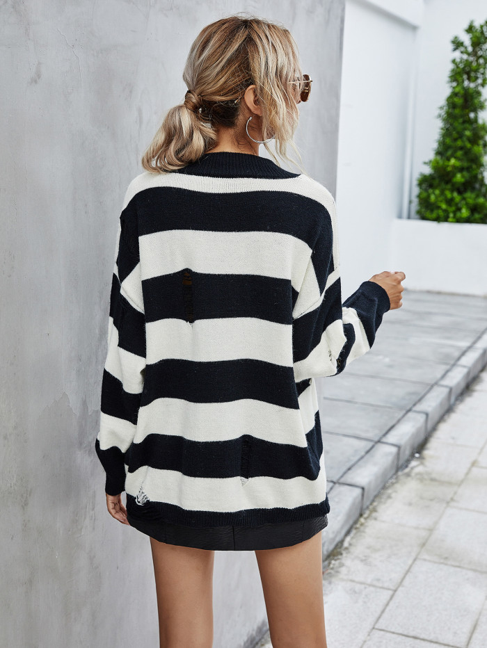 Women's Fashion Contrast Striped V-Neck Ripped Loose Sweater
