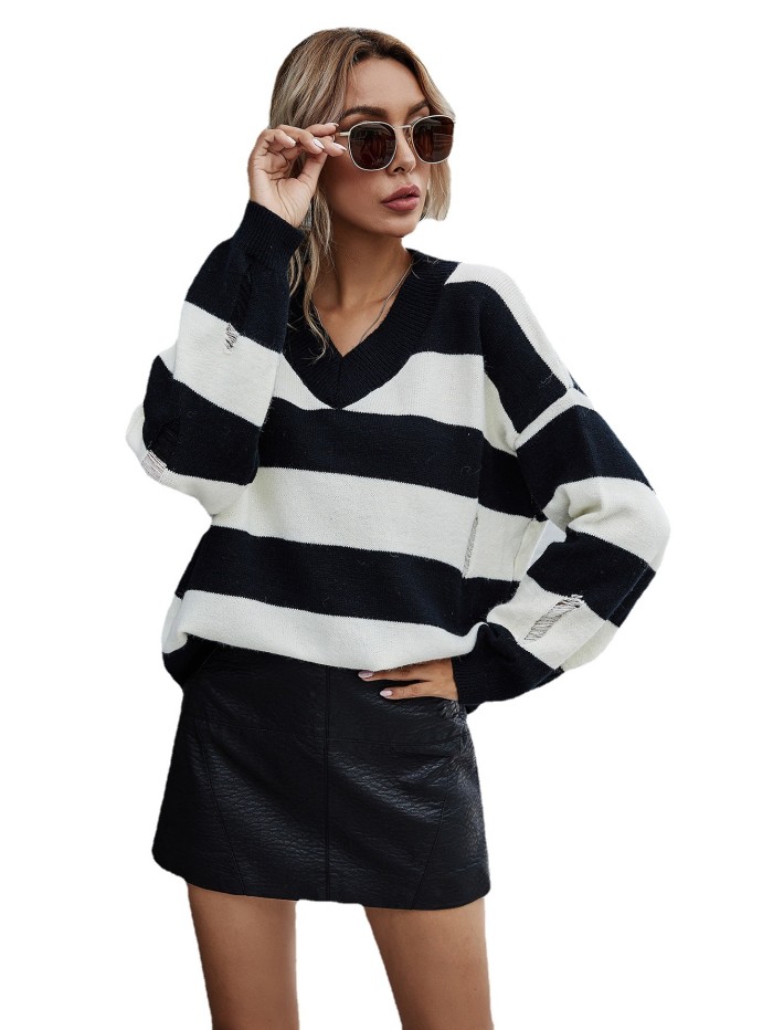 Women's Fashion Contrast Striped V-Neck Ripped Loose Sweater