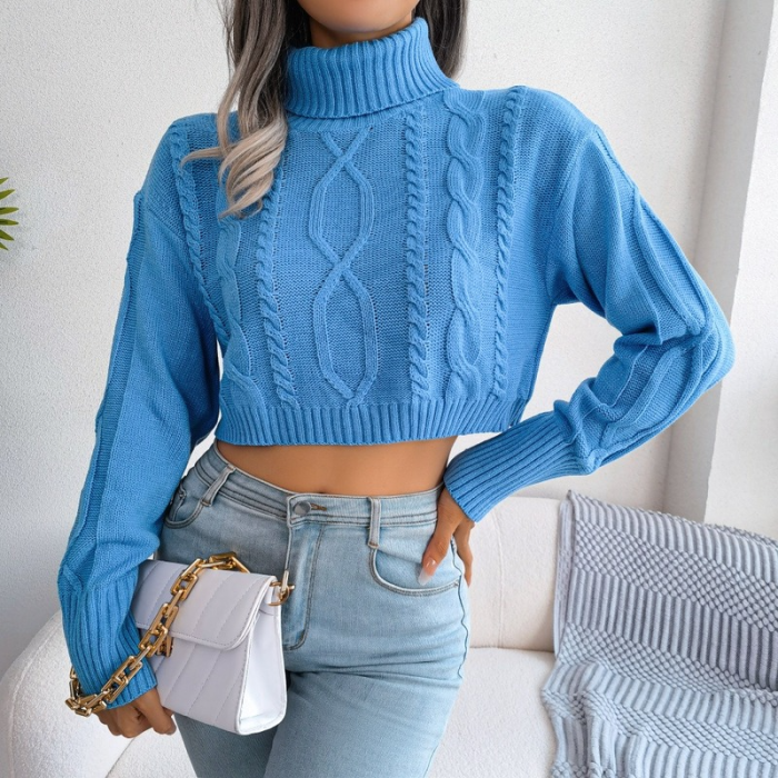 New Solid Long Sleeve Turtleneck Cropped Sweaters