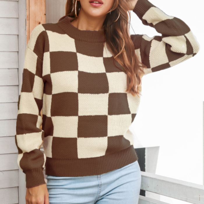 Woman Thick Line Knitted Pullovers Design Sense Loose Plaid Sweaters