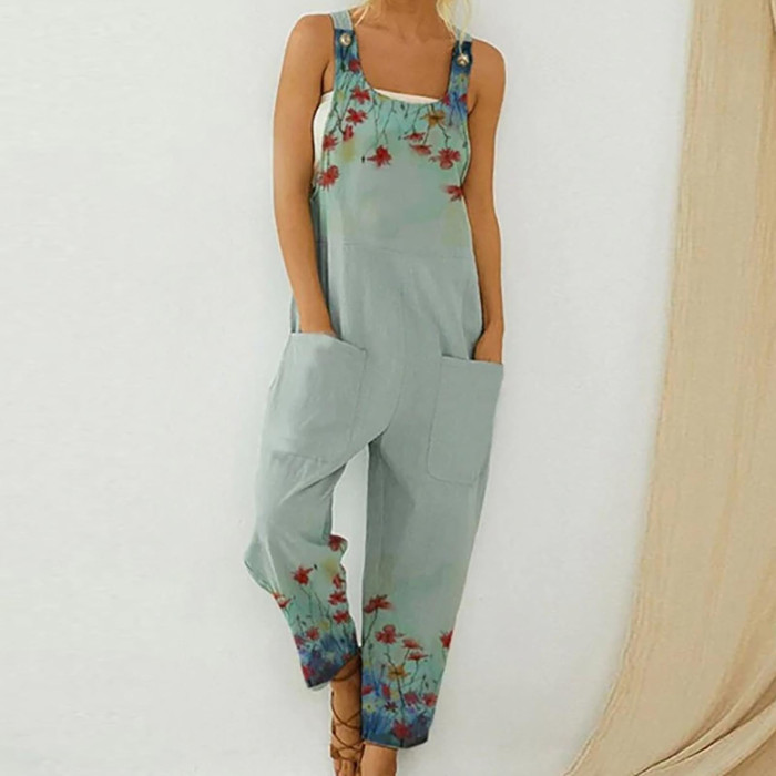 Printed Casual Pocket Boho Lace Up Button Trendy Jumpsuits