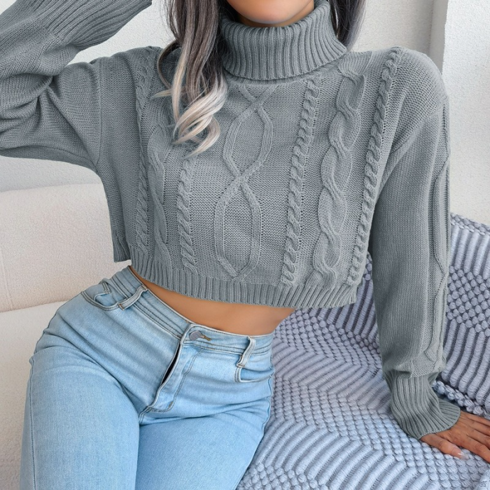 New Solid Long Sleeve Turtleneck Cropped Sweaters