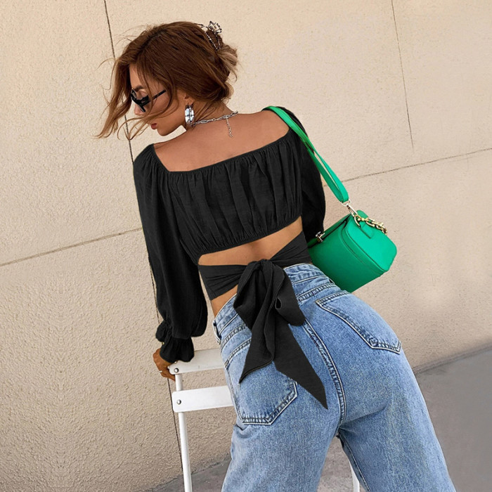 Fashion Retro Top Sexy Long Sleeve Casual Backless Bandage Blouses