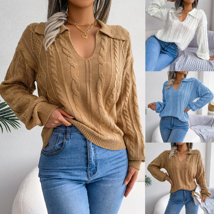 Women Long Sleeve Polo Collar Pullovers Vintage Sweaters