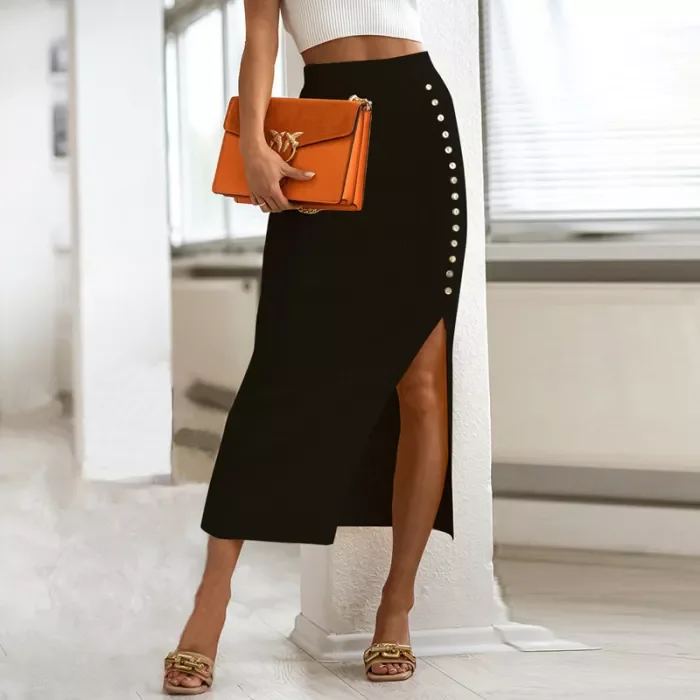 Sexy Solid Color Slit Fashion Elastic High Waist  Elegant Knit Casual Skirt