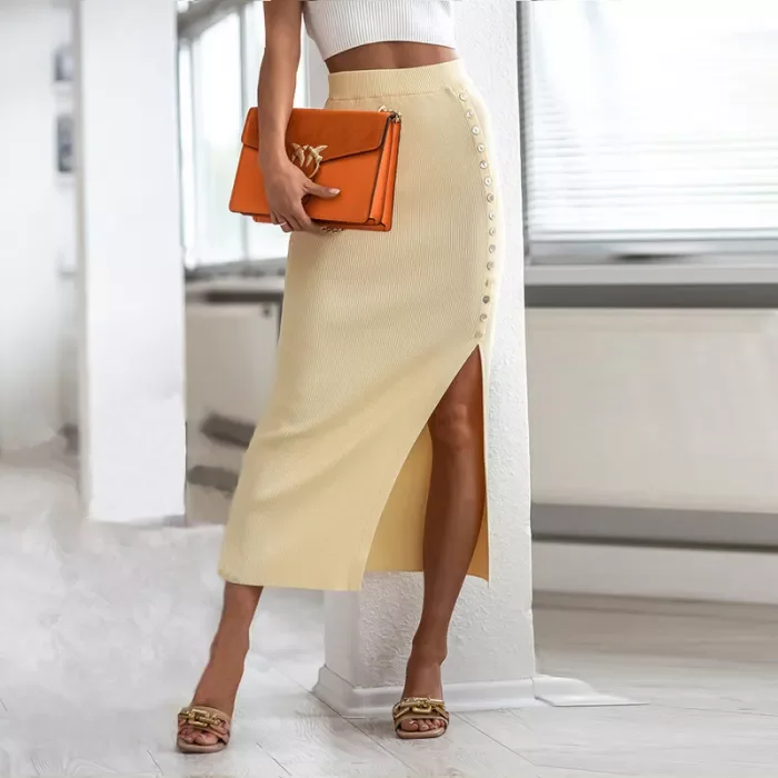 Sexy Solid Color Slit Fashion Elastic High Waist  Elegant Knit Casual Skirt