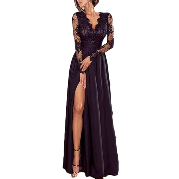 Fashion Black Sexy Lace Long Sleeve V Neck Party High Slit Evening Dress