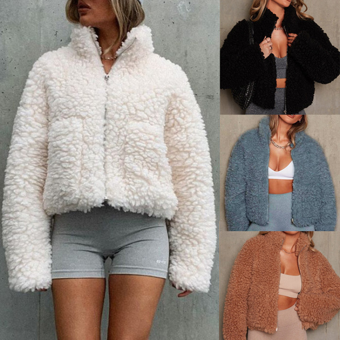 Women's Zip Turtleneck Cashmere Fashion Long Sleeve Lamb Wool  Coats