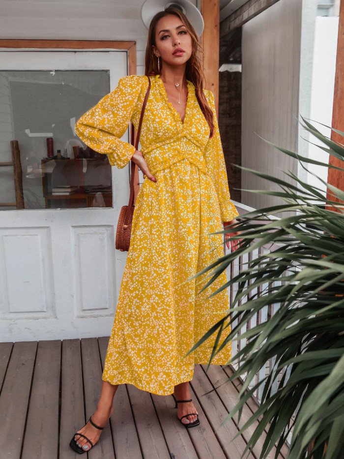Floral Ruched Flared Long Sleeve Midi Dresses