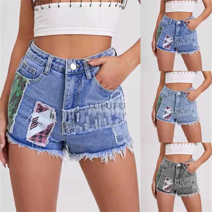 Women's Fashion High Waist Fringed Straight Ripped Denim Shorts