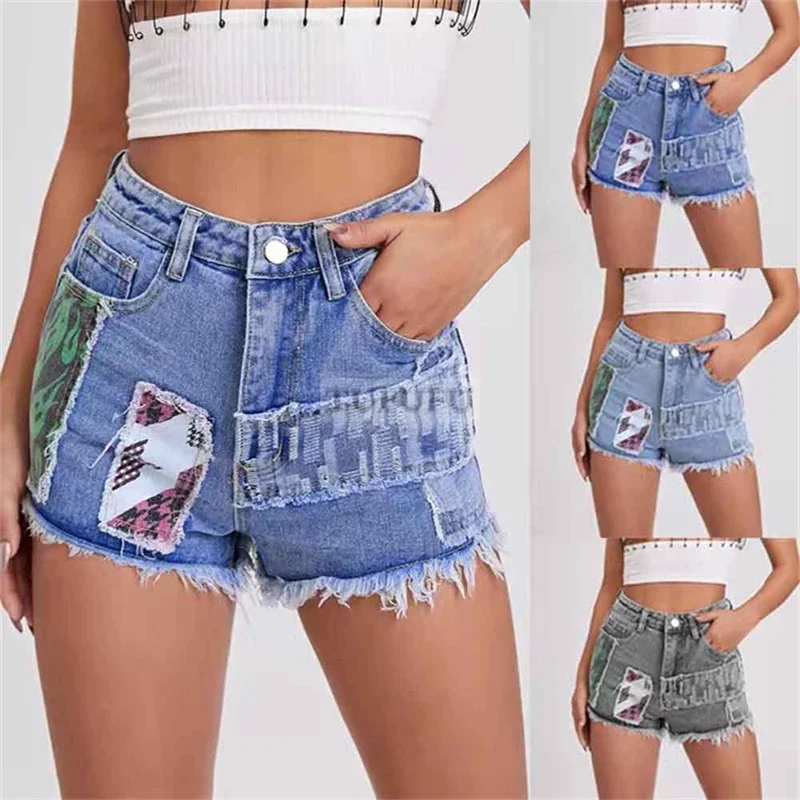 Women's Fashion High Waist Fringed Straight Ripped Denim Shorts