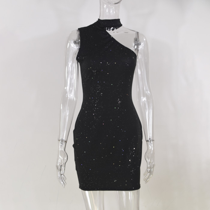 Sexy Backless One Shoulder Sequin Party Skinny Fashion  Bodycon Dress