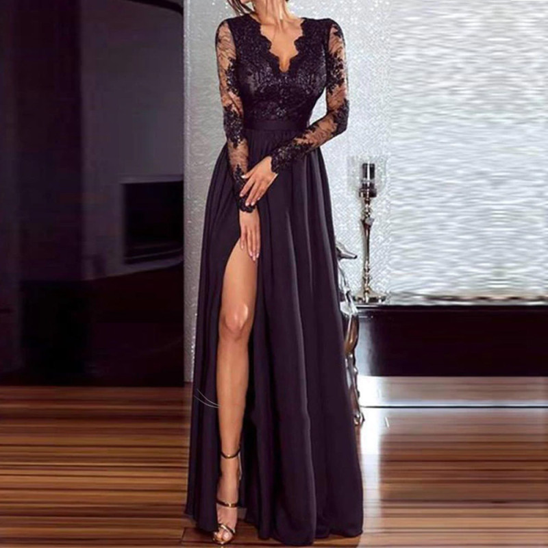Fashion Black Sexy Lace Long Sleeve V Neck Party High Slit Evening Dress
