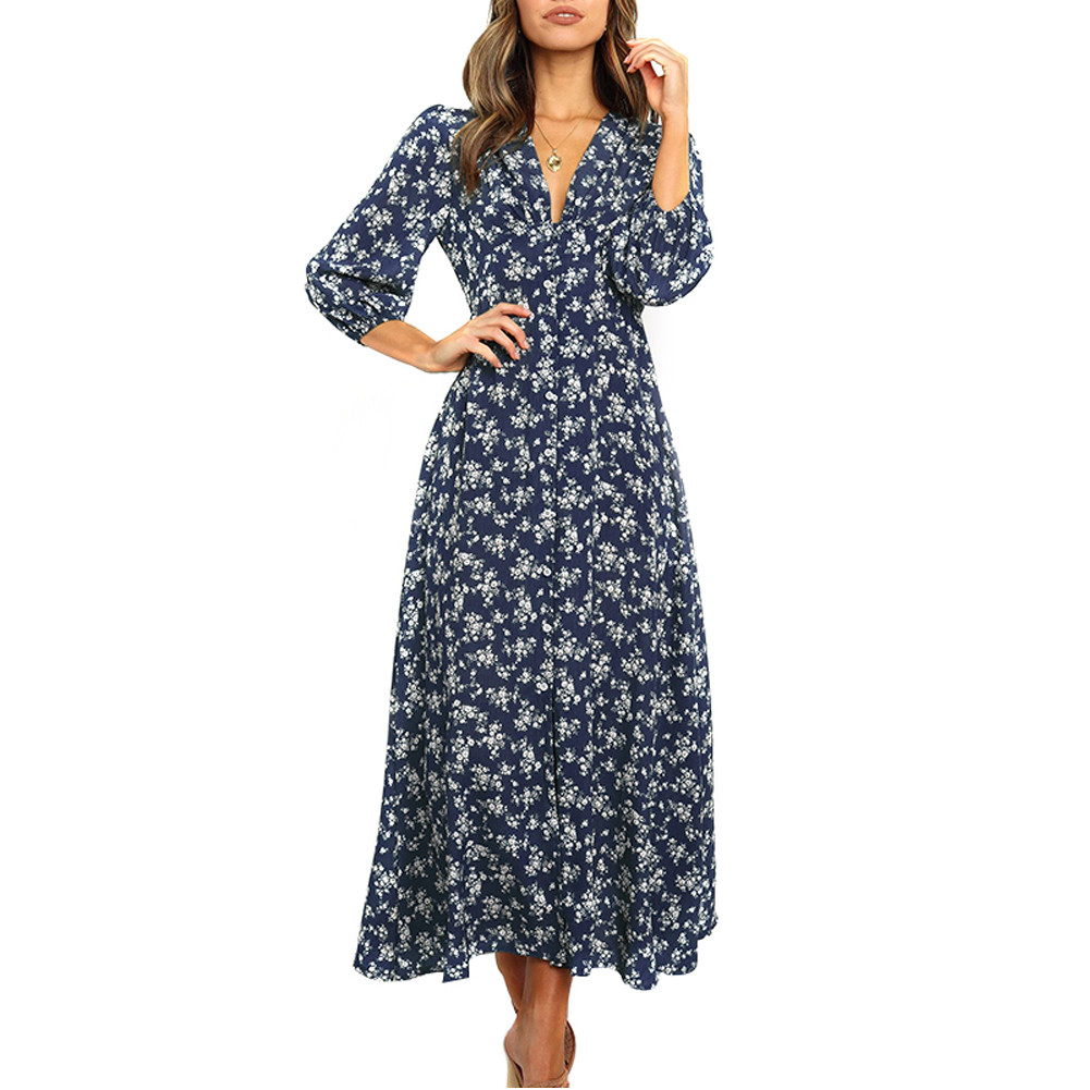 Fashion Floral V Neck Puff Sleeve Retro Vintage Maxi Dress