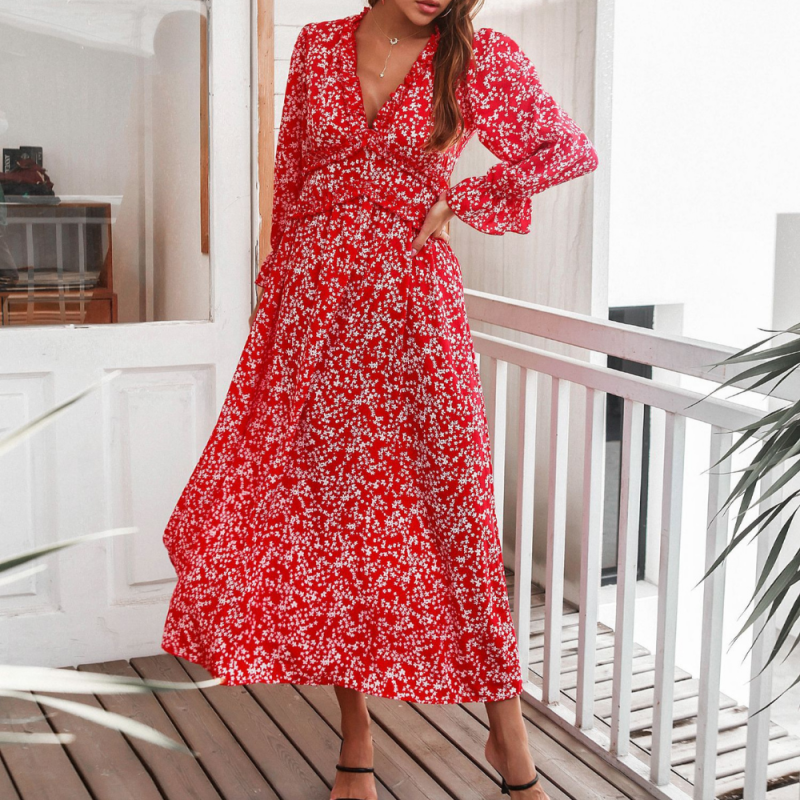 Floral Ruched Flared Long Sleeve Midi Dresses
