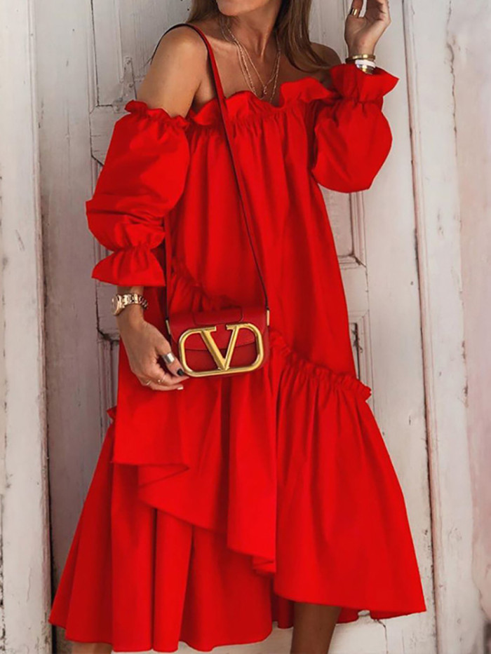 Elegant Off Shoulder Ruffle Long Sleeve Solid Party Sexy  Midi Dress
