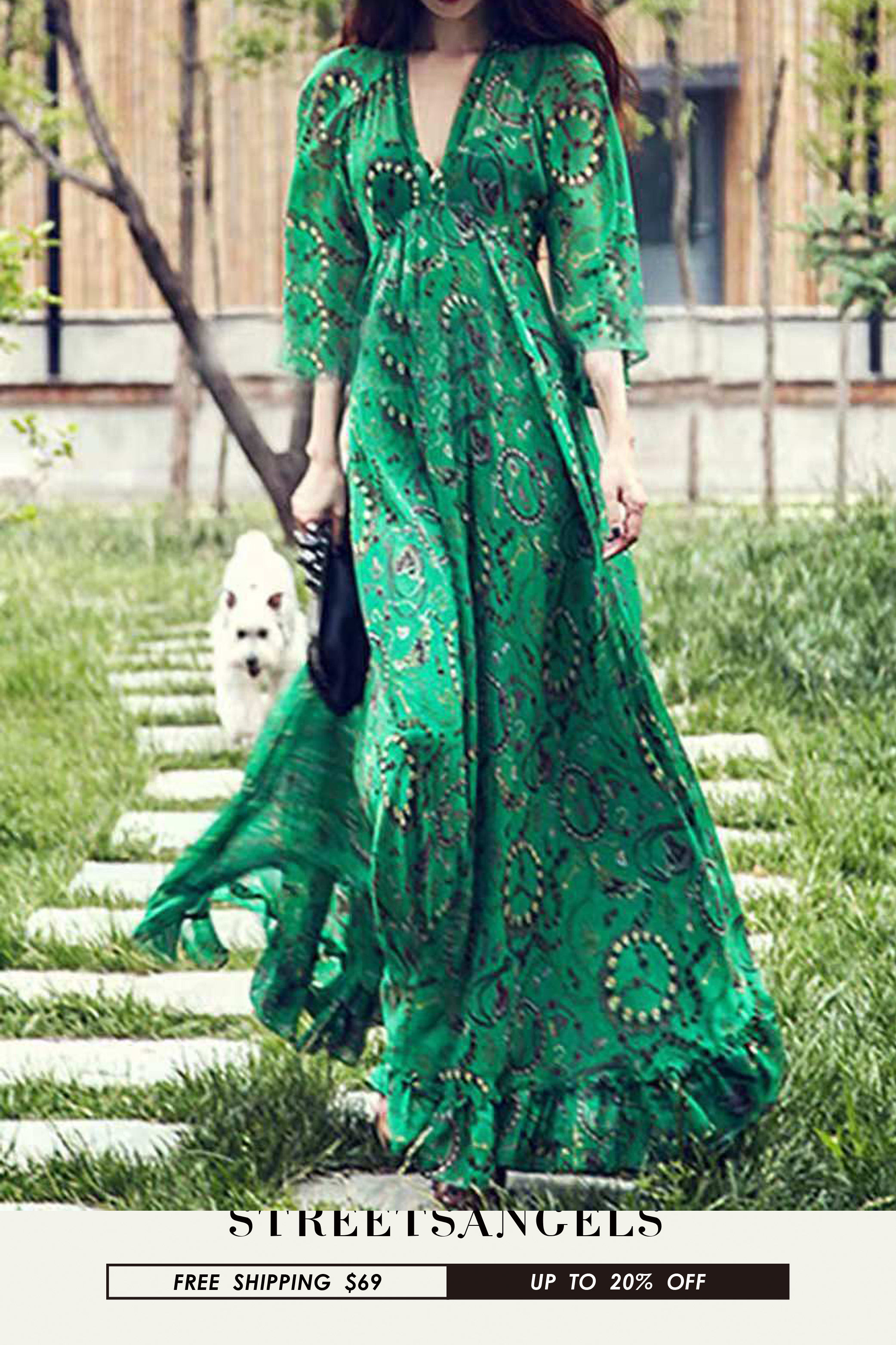 Boho Print Tie-waist Flare Maxi Dress main image 1