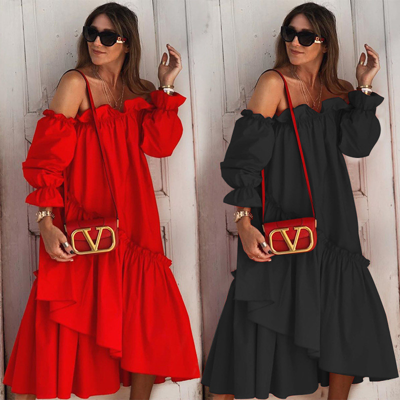 Elegant Off Shoulder Ruffle Long Sleeve Solid Party Sexy  Midi Dress