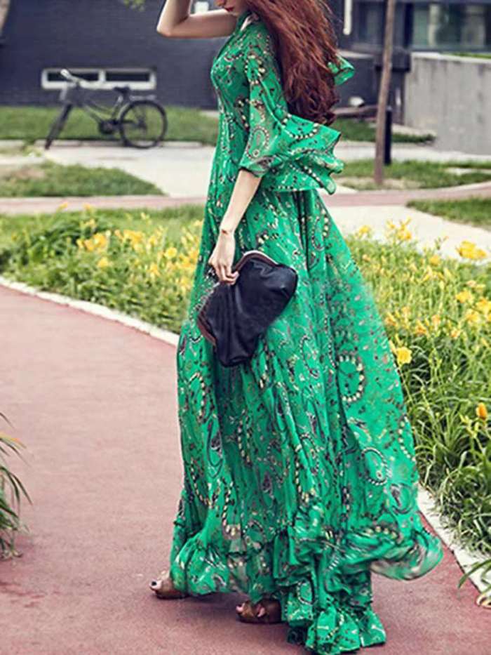 Fashion Flared Sleeve Chiffon Print V-Neck Boho  Maxi Dress
