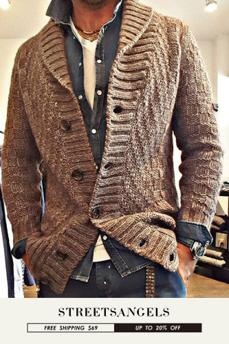 Men's Retro Fashion Long Sleeve Solid Color Lapel Casual Street Cardigan Sweater