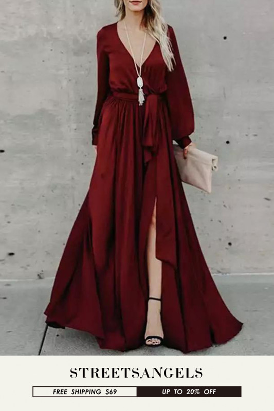 Women's Fashion V-Neck Casual High Waist Sexy Slit Solid Color Elegant  Maxi Dress