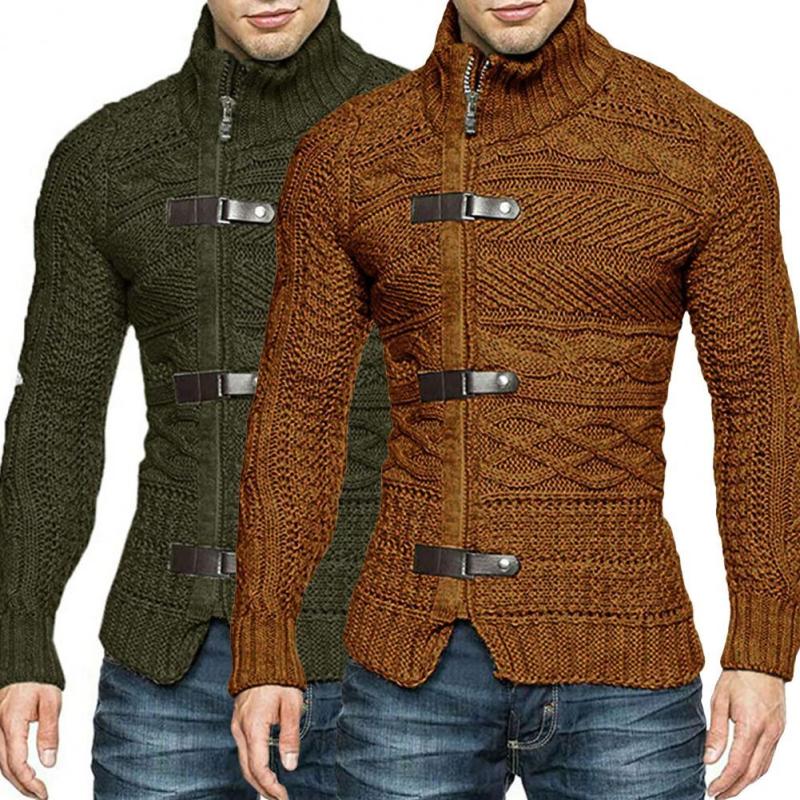 Men's Fashion Loose Casual Solid Color Slim Turtleneck Cardigan Sweater