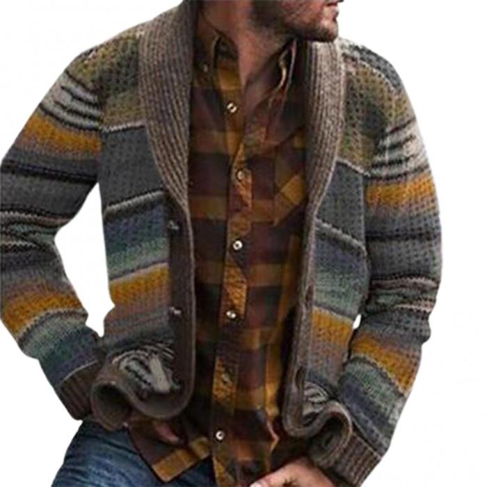 Men's Fashion Hooded Wool Striped Long Sleeve Loose Print Knit Cardigan Outerwear