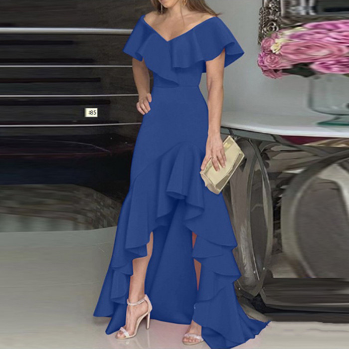 Fashion Split Ruffle Vintage Casual V Neck A Line Solid Color Party Prom Dress