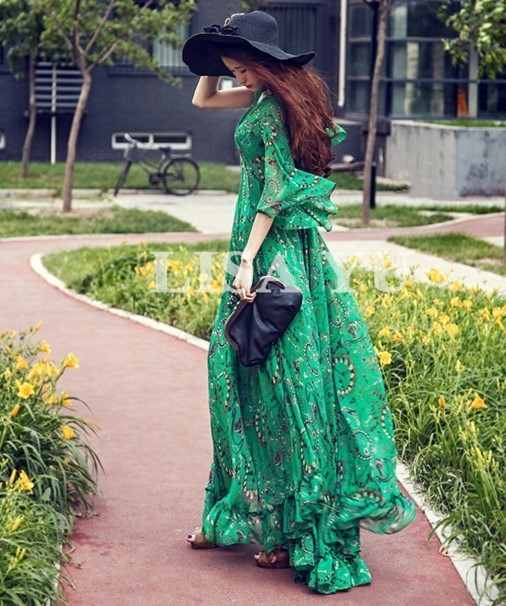 Boho Print Tie-waist Flare Maxi Dress