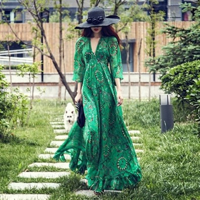V-neck Chiffon and Lace Long Boho Dresses Clover Plus Size