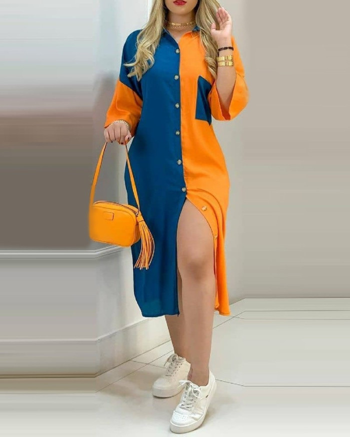 Women's Fashion Half Sleeve Pocket Lapel Print Midi Dress