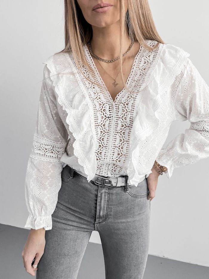 Feminine Fashion Sweet V Neck Lace Hollow Out Long Sleeve  Blouses