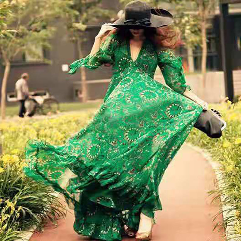 Fashion Flared Sleeve Chiffon Print V-Neck Boho Maxi Dress