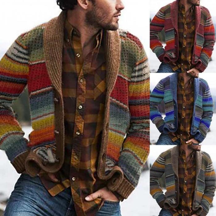 Men's Fashion Hooded Wool Striped Long Sleeve Loose Print Knit Cardigan Outerwear