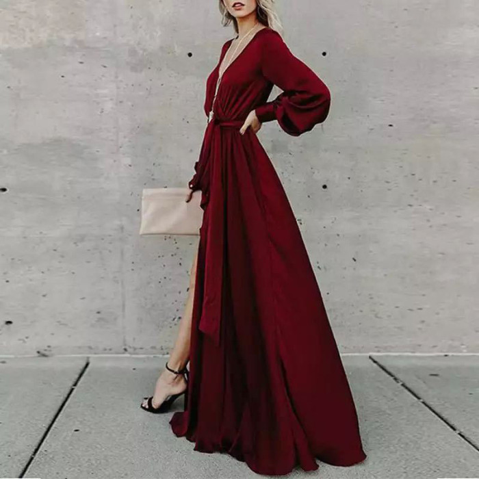 Women's Fashion V-Neck Casual High Waist Sexy Slit Solid Color Elegant  Maxi Dress