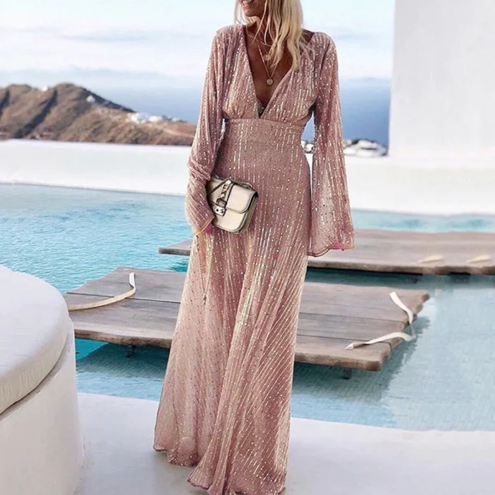 Women's Fashion Elegant Sexy Sequined Trumpet Sleeve V-Neck Evening Dress