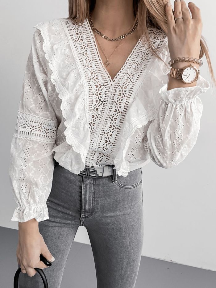 Feminine Fashion Sweet V Neck Lace Hollow Out Long Sleeve  Blouses