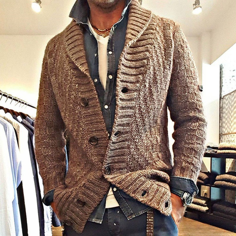 Men's Retro Fashion Long Sleeve Solid Color Lapel Casual Street Cardigan Sweater